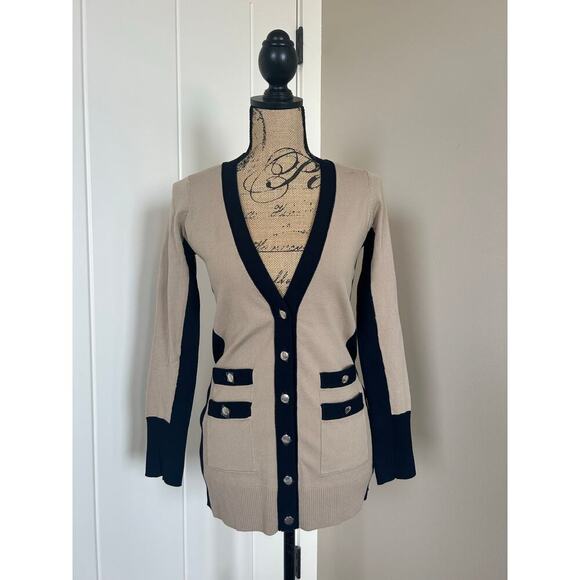 Cache V Neck Tan and Navy Button Up Boyfriend Cardigan Size S - Picture 1 of 8